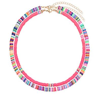 Imagem de NVENF 2 peças Heishi gargantilhas para mulheres, arco-íris, africano, vinil, disco, colar, colar, colar feito à mão, colar de verão, conjunto de joias de praia, presentes para festas de aniversário Multicor
