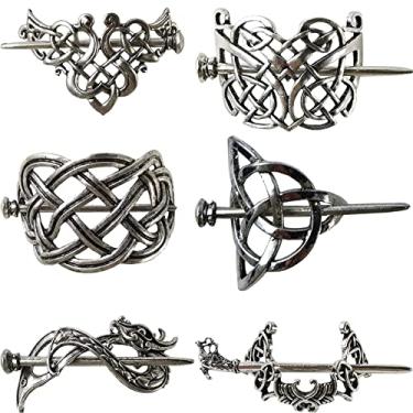 Imagem de NSBELL Clipes de cabelo celtas viking vintage grampos de cabelo celtas prata grampos de cabelo celta grampos de cabelo de liga nó viking acessórios de cabelo para meninas e mulheres