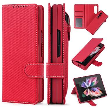 Imagem de Estojo destacável para Samsung Galaxy Z Fold 3 Fold 4 Moda Couro PU Magnetic Kickstand Cover com Stylus, Sarja Vermelho, Para Samsung Z Fold 3