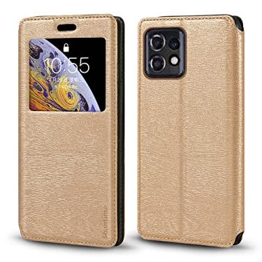 Imagem de Capa para Motorola Moto X40 5G, capa de couro de grão de madeira com porta-cartão e janela, capa flip magnética para Motorola Moto X40 5G (6,7 polegadas), ouro