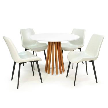 Imagem de Conjunto Mesa de Jantar Redonda Talia Branca Amadeirada 100cm com 4 Cadeiras Estofadas Chicago - Branco