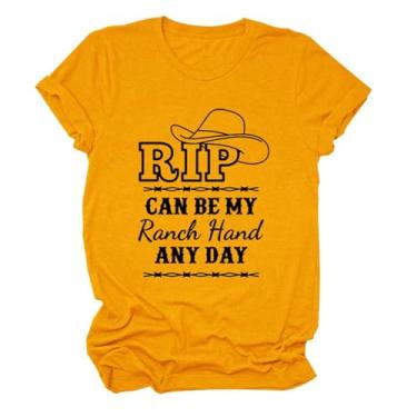Imagem de Rip Can Be My Ranch Hand Any Day Camiseta feminina com padrão de chapéu jeans engraçado com dizeres estampados camisetas country music pulôver tops, Laranja, amarelo, P