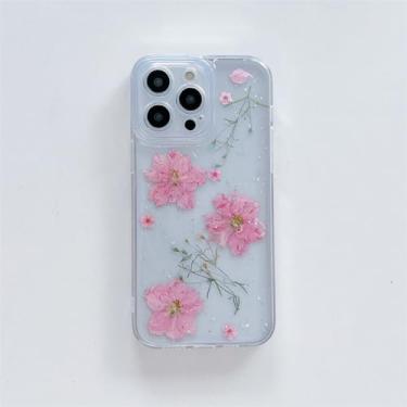 Imagem de Capa transparente com glitter de flor seca real para iPhone 14 13 12 11 Pro Max X XR XS Max 7 8 Plus Capa de silicone macio floral fofa, SDFH, para iPhone SE 2022