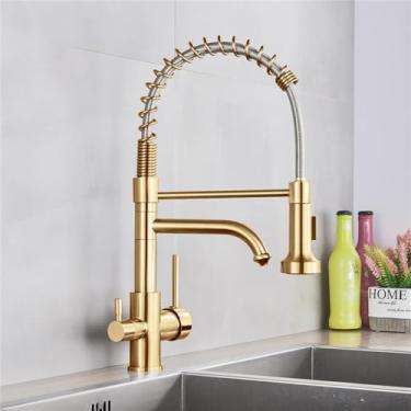 Imagem de Torneira de cozinha com filtro de água pura escovada, alça dupla, água potável quente e fria, misturador de cozinha, purificação de guindaste, ouro escovado