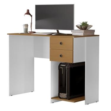 Imagem de Escrivaninha Mesa de Computador com 2 Gavetas e Suporte para CPU/Gabinete - Ideal para Estudo Trabalho e Escritório (Branco/Nature)