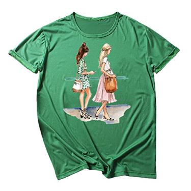 Imagem de Kasituny Camisetas femininas gola redonda manga curta solta camiseta feminina feminina férias impressão gráfica streetwear, Verde, Medium, Macia