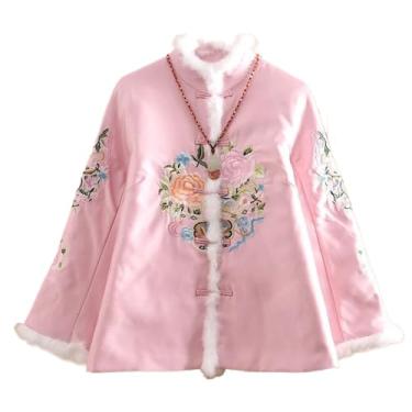 Imagem de JYHBHMZG Jaqueta feminina de inverno estilo chinês bordado retrô casaco quente, rosa, G