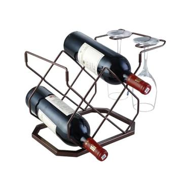 Imagem de XUCHUAN Prateleira de vinho pequena de bancada de 5 garrafas com prateleira de vidro, prateleiras de vidro de cobre antigo, organizador de suporte de garrafa de vinho para vinhos tintos e brancos, bar