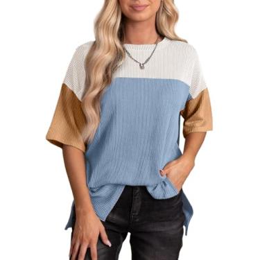Imagem de EVALESS Camiseta feminina de verão de manga curta com gola redonda, cor bloco, leve, túnica, B Azul, XXG