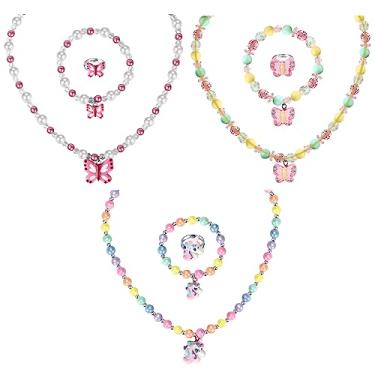 Imagem de Msnailfly 3 conjuntos de anéis de colar de princesa para meninas, pulseiras elásticas, para presente, unicórnio, borboleta, colar, pulseiras, lembrancinhas de festa, bijuterias para meninas pequenas