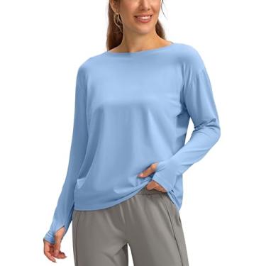 Imagem de Soothfeel Camisas de treino de manga comprida para mulheres, ajuste solto, ioga, corrida, atlética, camisetas de algodão com orifício para o polegar, Azul (haze_blue), XXG