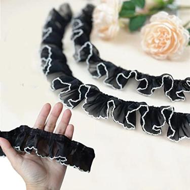 Imagem de Kuasting 6 jardas plissado acabamento em tecido de renda plissado chiffon preto e branco combinando decoração de vestido de tule tecido aplique costura artesanato diy costura (6 jardas, preto)