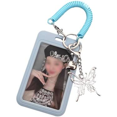 Imagem de WAYUTO Suporte de cartão de foto Kpop com pingente de borboleta com chaveiro Kpop capa de photocard com alça de pulso de mola Kpop protetor de photocard para amantes de Kpop azul