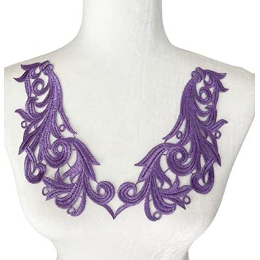 Imagem de PEPPERLONELY 1 par de apliques de renda espelhada, floral, costurados, bordados, vestido de noiva, adorno de cabeça de noiva, acessórios de roupas, 21 x 7 cm, roxo