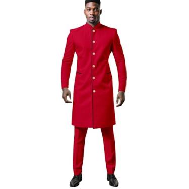 Imagem de Terno masculino slim fit de 2 peças blazer de peito único conjunto de calça terno sólido roupas africanas, Vermelho, Small