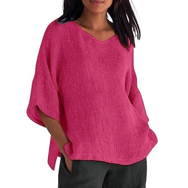 Imagem de Lainuyoah Blusas femininas de linho de algodão folgadas boho gola redonda manga 3/4 camisas 2024 estampa de dente-de-leão blusa casual elegante, E rosa-choque, XX-Large