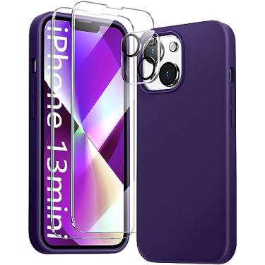 Imagem de JTWIE [Capa 5 em 1 para iPhone 13 Mini 5,4 polegadas, com 2 películas protetoras de tela + 2 pacotes de protetores de lente de câmera, capa protetora fina de silicone líquido à prova de choque (roxo escuro)