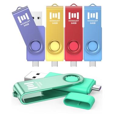 Imagem de MOSDART Pen drive duplo USB 2.0 C de 64 GB, exFAT, para iPhone 15 e 16, telefone Android, iPad, MacBook e outros laptops, cores vibrantes (pacote com 5)