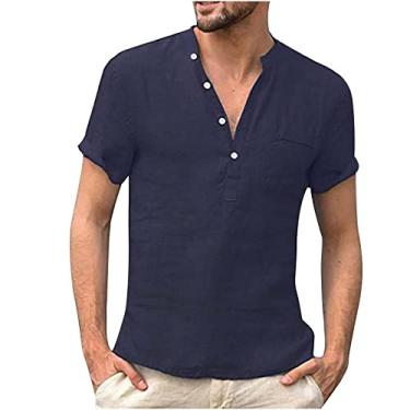 Imagem de Camiseta masculina de linho com gola V para outono verão manga curta básica camiseta masculina 2024 Y2K, O-792 azul-marinho, XG