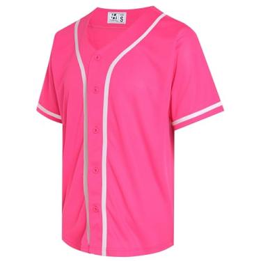 Imagem de Pullonsy Camisa de beisebol em branco para homens e mulheres camisas de manga curta com botões completos hip hop hipster uniformes esportivos, Camiseta rosa quente com listras brancas, 3G