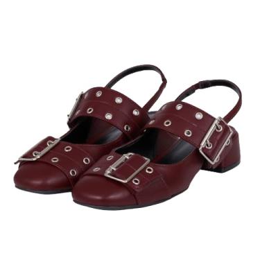 Imagem de Slingback Salto Bloco Baixo Feminino Bico Redondo Com Fivela (Marsala, BR, Adulto, Numérico, 35)
