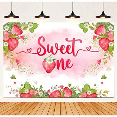 Imagem de Strawberry Sweet One Girl First Birthday Party Decor Background Happy 1st Birthday Backdrop Baby Cake Smash Photo Shoot Photography Studio 1,5 x 0,9 m