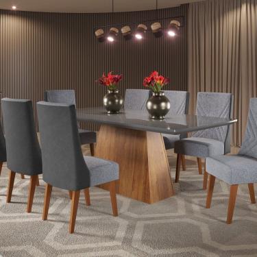 Imagem de Mesa de Jantar Retangular 200x90 Haven com 8 Cadeiras em Madeira Maciça Topazio Mel/Grafite/Linho. Inox/Cinza