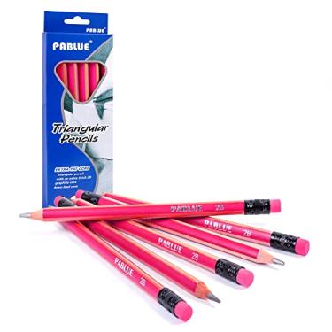 Imagem de PABLUE Lápis 2B pré-harpenados triangulares gordos, grossos, fortes, lápis de madeira jumbo com borracha para iniciantes, escrever, desenhar, crianças, arte, esboço e sombreamento (rosa, 6 unidades)