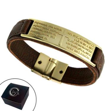 Imagem de Pulseira de Couro Magnética Masculina Feminina Oração Pai Nosso Dourad