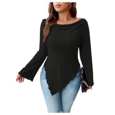 Imagem de SOLY HUX Camisetas femininas plus size, gola canoa, ombro de fora, manga comprida, bainha assimétrica, Preto liso, 4G