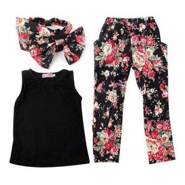 Imagem de Menina Floral Calça+blusa+faixa Com Laço - anjo da mamãe, Preto, 4