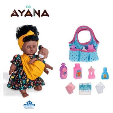Imagem de Kit Boneca Ayana Negra Menina e Bolsa Troca Fralda Comida - Adijomar