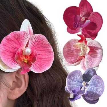 Imagem de Grampos de cabelo de flores em 3 cores, grampo de cabelo de orquídea borboleta boêmia, prendedor de cabelo artificial Phalaenopsis para férias à beira-mar, acessórios de cabelo para noivas, grampos de