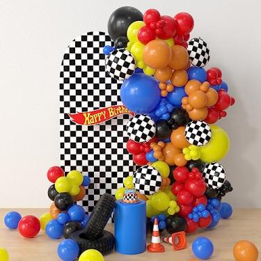 Imagem de HYOWCHI Race Car Birthday Party Supplies - 153 Pcs Hot Car Wheels Birthday Balloon Garland Arch Kit, Red Yellow Blue Black Checkered Foil Balloon Arch For Racing Car Monster Truck Party Decorations