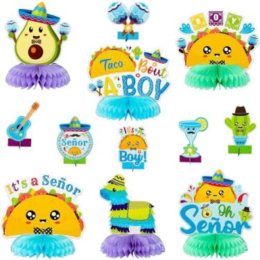 Imagem de Haooryx 12 peças Taco Bout A Boy Gender Revelar Honeycomb Centerpiece It's a Boy Baby Shower Decorações Mexicano Cinco De Mayo Decoração de Mesa Oh Señor Fiesta Recém-nascido Meninos Decoração Suprimentos de Festa