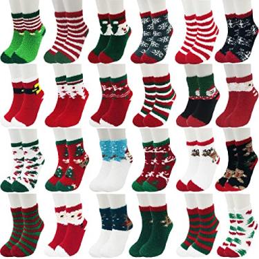 Imagem de MarJunSep 24 pares de meias felpudas e aconchegantes de Natal para mulheres, adolescentes, de pelúcia, pantufa fofa, para presente de Natal, Vermelho, verde, branco, preto, azul, M