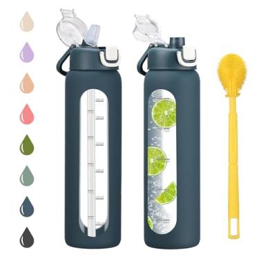 Imagem de chunmo Garrafa de água de vidro de 946 ml com 2 tampas - tampa de bico e tampa de canudo, garrafa de água de borossilicato motivacional de 1 litro com marcador de tempo e manga de silicone, à prova de