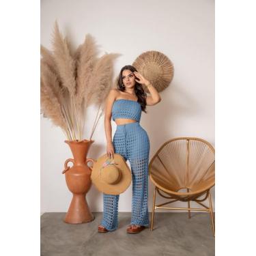 Imagem de Conjunto Saída De Praia Calça Pantalona Cropped Tricot Verão - Calu Tr