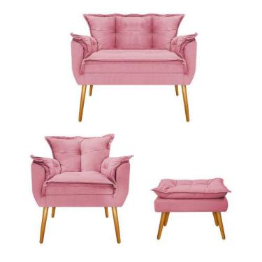 Imagem de Kit Namoradeira, Poltrona e Puff Opala Palito Mel Suede Rosa Bebê - DA