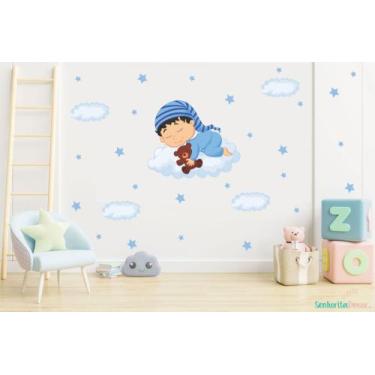 Imagem de adesivo de parede ursinho menina de pijama nuvens - Senhorita Decor