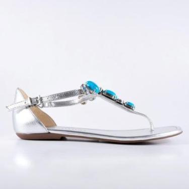 Imagem de Sandália Rasteira em Couro Prata Com Pedrarias Loucos e Santos-Feminino