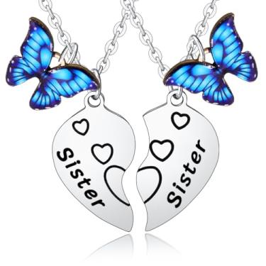 Imagem de 2 peças, presentes de irmã de coração, colar com pingente combinando para irmã e borboleta, presentes de amizade para melhores amigas, melhores amigas, irmãs, presentes para irmã mais velha, irmã mais