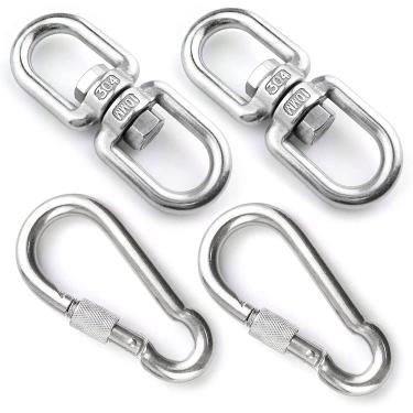 Imagem de Iceyon 2 peças de aço inoxidável M10 anel giratório gancho de olho giratório de extremidade dupla + 2 peças de mosquetão M10, giratório giratório para dança aérea, balanço, rede suspensa, dispositivo