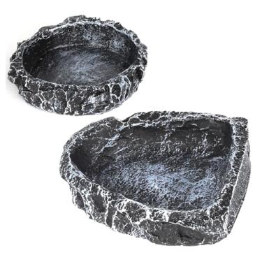 Imagem de Prato de água de réptil, tigela de comida para acessórios de tanque de dragão barbudo, alimentador de rocha de répteis Hygger zoo para tanque de répteis, 2 unidades, tigela de terrário de resina de