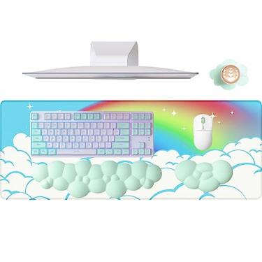 Imagem de ATTACK SHARK Mouse pad nuvem 4 em 1, descanso de pulso para teclado, suporte de descanso de pulso e conjunto de porta-copos de couro com tapete de mesa de escritório, almofada de mesa de poliuretano