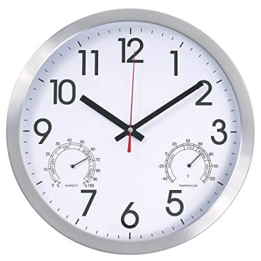 Imagem de Vigorwise Relógio de parede de 35,5 cm com estrutura de alumínio operado por bateria, relógios de parede silenciosos com temperatura e umidade, decorativo para casa nova, sala de estar