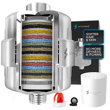 Imagem de SparkPod Filtro de chuveiro de 23 estágios para cabelos e pele secos - Filtros de chuveiro universais de alto rendimento para remover produtos químicos tóxicos, cloro e metais pesados (cromo polido de