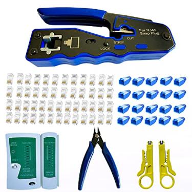 Imagem de Rj45 Kit de ferramentas de crimpagem Pass-Thru e Padrão Cat6 Cat6A Cat5 Cat5e rj45 Ferramenta de crimpagem com 50 peças de conectores de passagem Cat6 rj45, 20 capas, 1 testador de cabo de rede, 2 descascadores de fio de rede, 1 cortador
