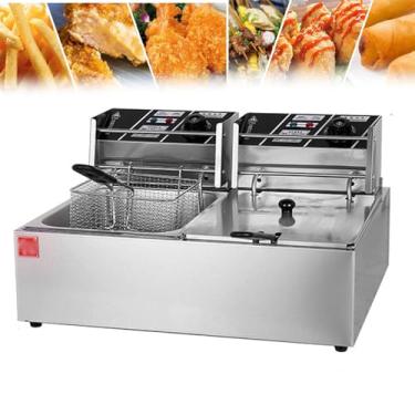 Imagem de Fritadeira comercial com cesto, fritadeira de aço inoxidável com temperatura ajustável para uso doméstico em restaurantes, máquina de fritura de cozinha de bancada, perfeita para frango frito