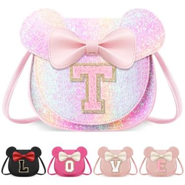 Imagem de izuzta Bolsa infantil para crianças 1 2 3 4 5 6 7 8 anos de idade bonito mouse orelha laço bolsa transversal presente de aniversário, Bolsa grande/brilhante/letra rosa, T, T